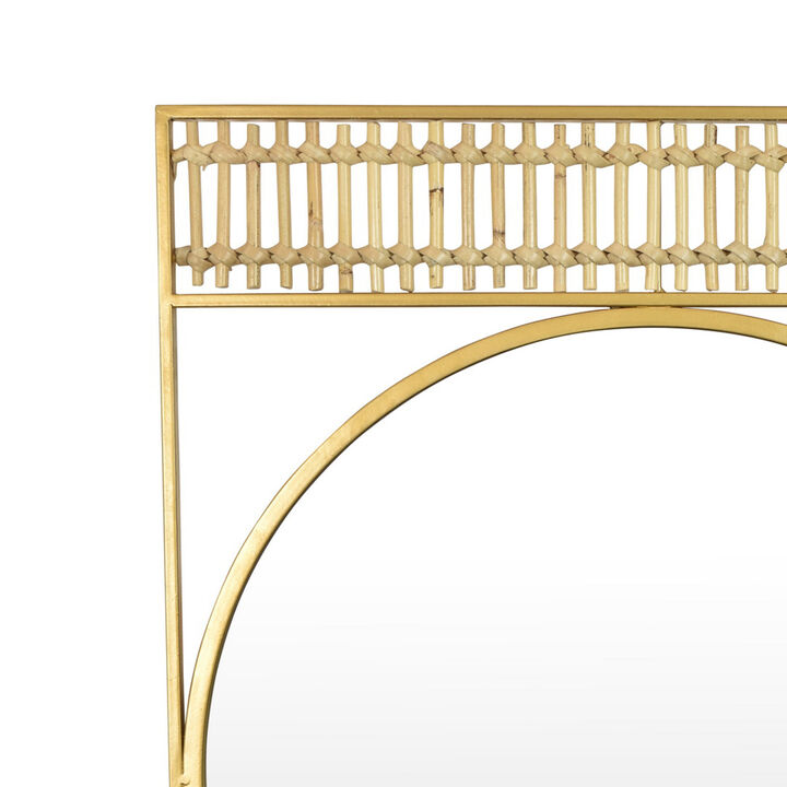 Zine Wall Mirror Decor, Round Glass, Woven Border, 19 x 27 Gold Metal - Benzara