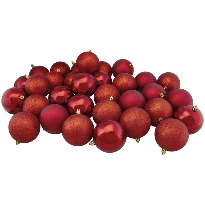 32ct Red Shatterproof 4-Finish Christmas Ball Ornaments 3.25" (80mm)