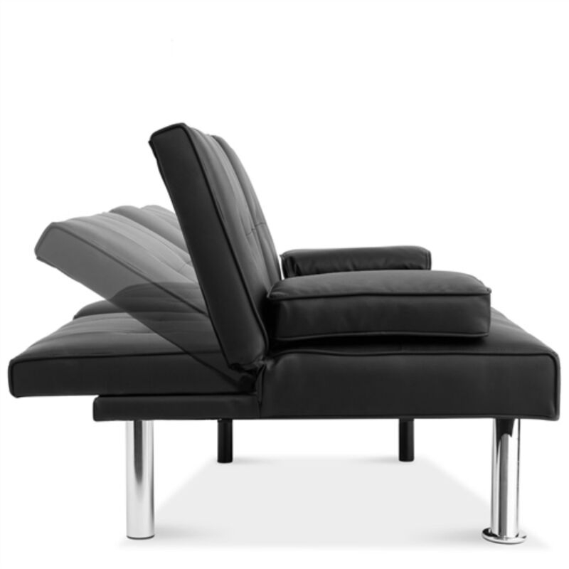 Faux Leather Sleeper Sofa – Convertible Futon with Foldable Cup Holder Armrest for Home & Apartment