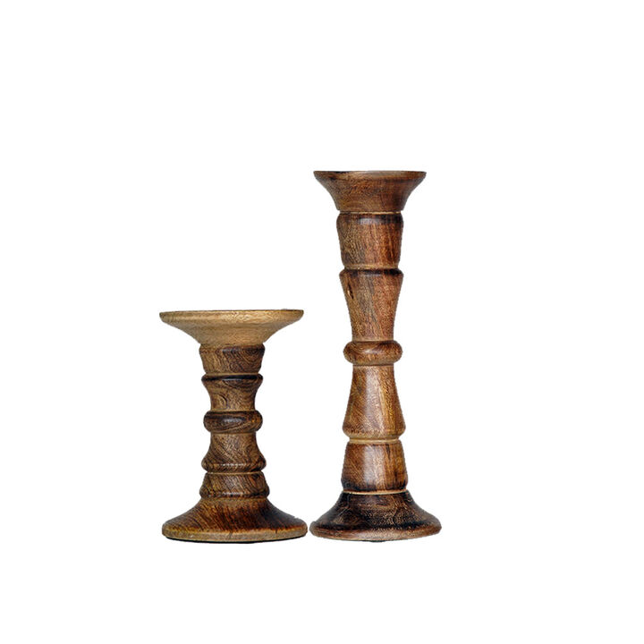 Traditional Medium Burnt Eco-friendly Handmade Mango Wood Set Of Two 6" & 12" Pillar Candle Holder BBH Homes