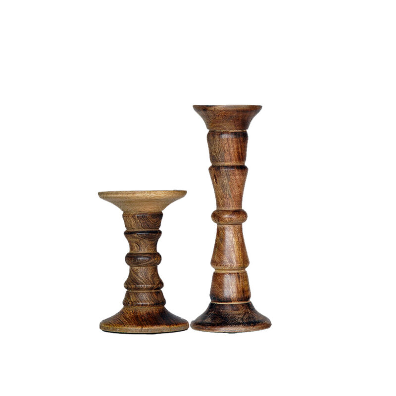 Traditional Medium Burnt Eco-friendly Handmade Mango Wood Set Of Two 6" & 12" Pillar Candle Holder BBH Homes