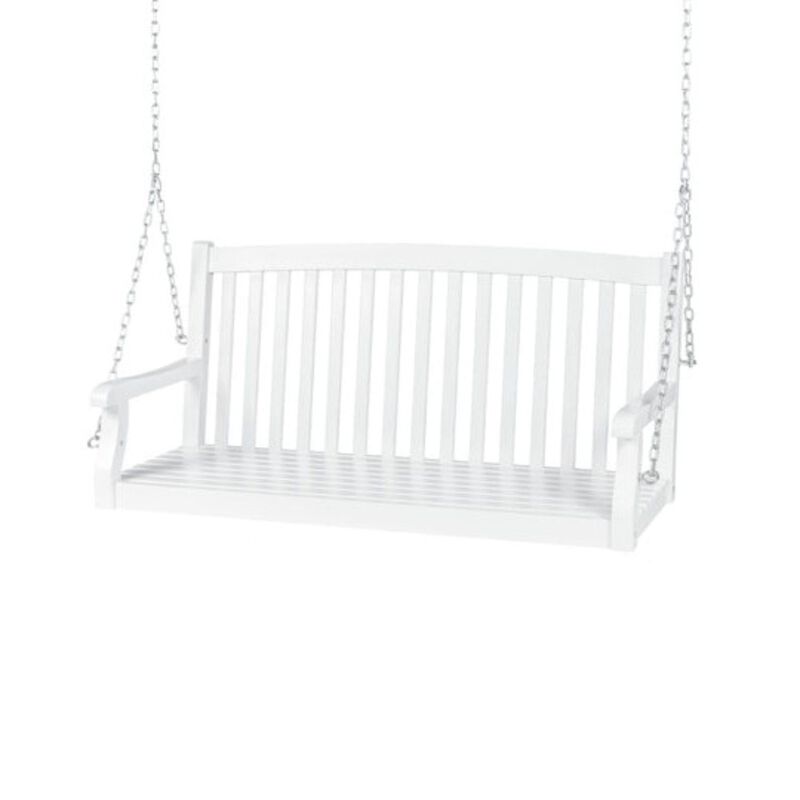 Hivvago White Acacia Wooden Curved Back Hanging Porch Swing Bench with Mounting Chains