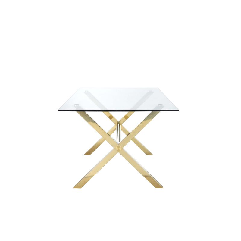 Tia 79 Inch Dining Table, Rectangular Tempered Glass Top, Gold, Clear - Benzara