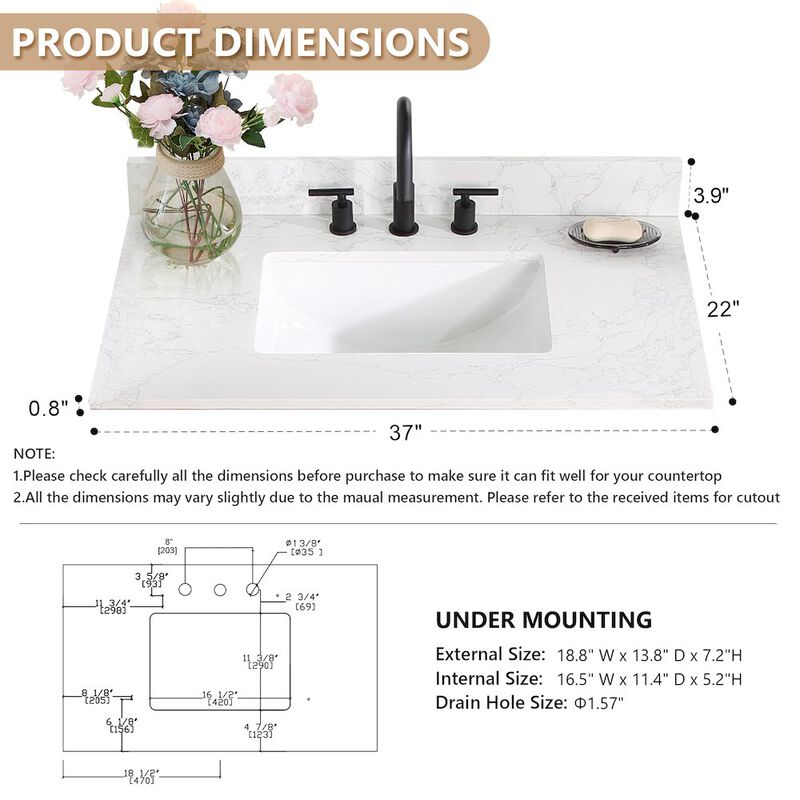 Altair Ceres 37 in. Engineered Stone Vanity Top in Grain White with Single White Sink