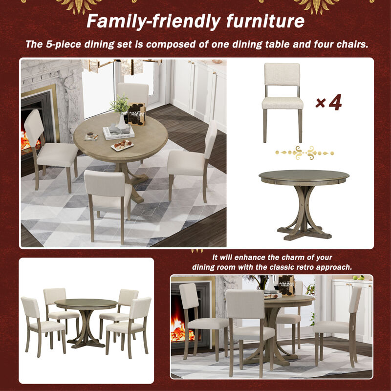 5-Piece Retro Round Dining Table Set With Curved Trestle Style Table Legs And 4