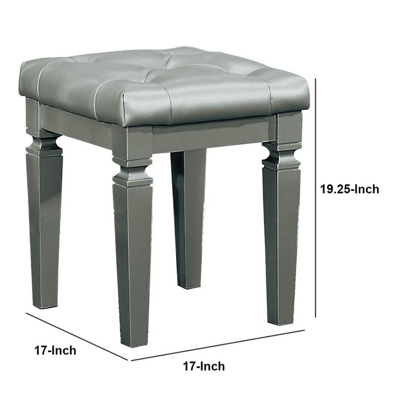 Wooden Vanity Stool With Faux Leather Tufted Seat, Gray-Benzara