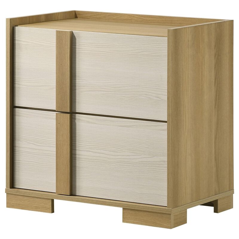 Hyle Nightstand, 2 Drawers, 24 Inch Modern Natural Brown and White - Benzara