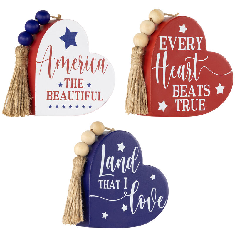 Patriotic Hearts Wooden Tabletop Signs - 3.75" - Set of 3