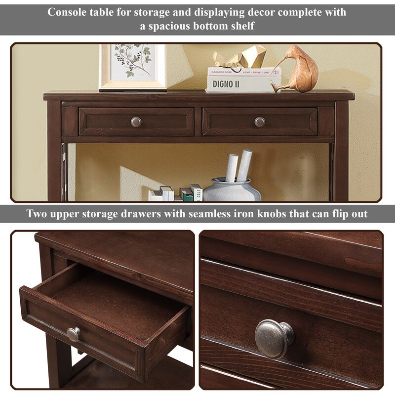36" Farmhouse Pine Wood Console Table Entry Sofa Table With 4 Drawers & 1 Storage Shelf