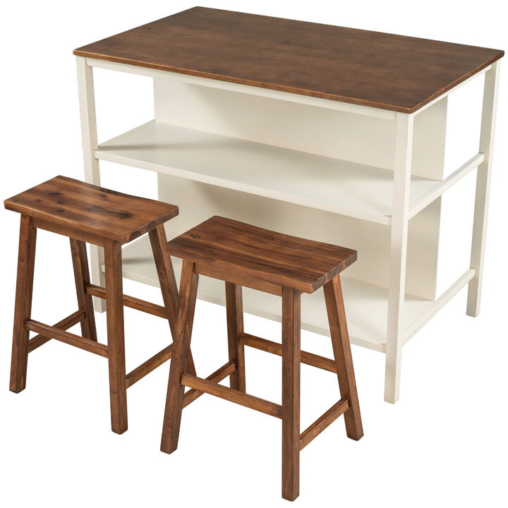 Solid Wood Rustic 3-piece 45" Stationary Kitchen Island Set with 2 Seatings, Rubber Wood Butcher Block Dining Table Set Prep Table Set