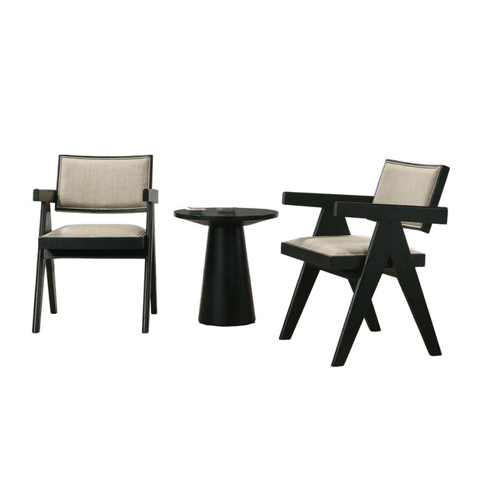 Bili 3pc Dining Armchair and Side Table Set, Open Backrests, Beige, Black - Benzara