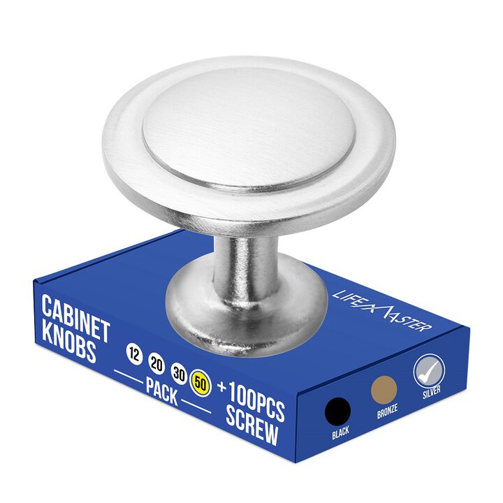 50pcs 1-1/4" Brushed Nickel Cabinet Knobs - Rust-Proof Finish, Modern Design, Strong Zinc Alloy Construction, Complete with 100 Screws. Transform Your Space with Style and Durability!