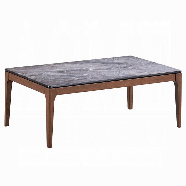 Evis Coffee Table, Rectangular 47 Inch Gray Faux Stone, Brown Wood - Benzara