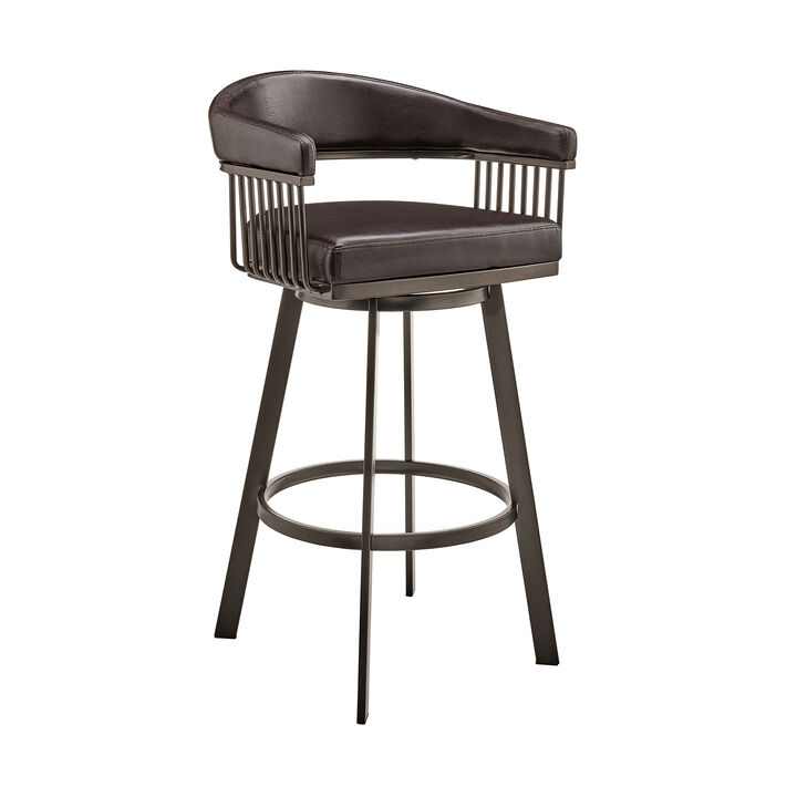 Swivel Barstool with Open Metal Frame and Slatted Arms, Brown-Benzara