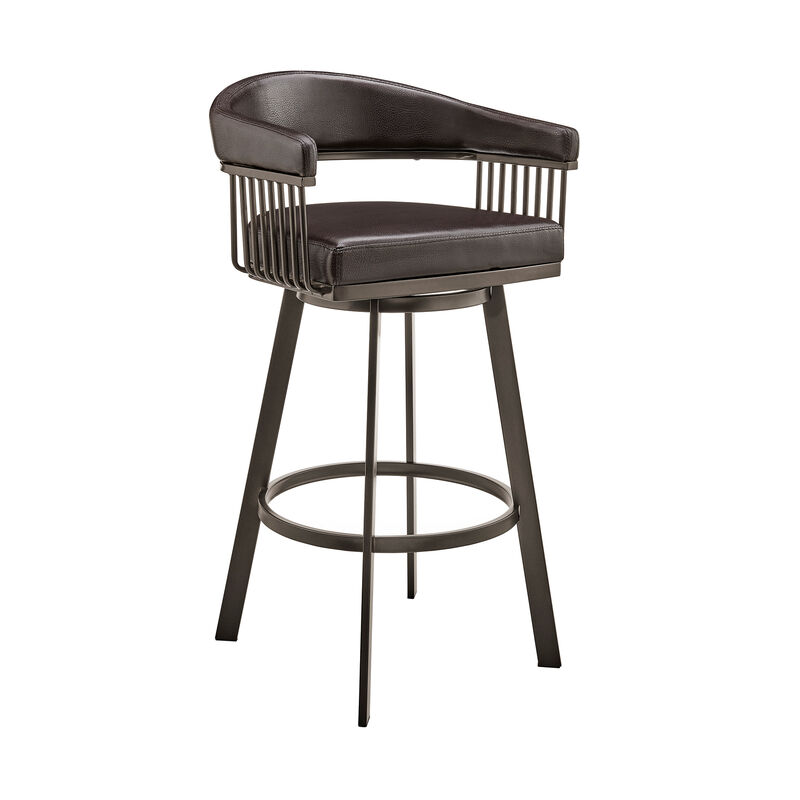 Swivel Barstool with Open Metal Frame and Slatted Arms, Brown-Benzara