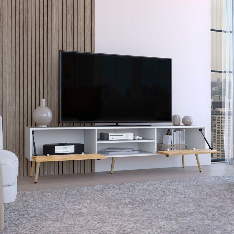 DEPOT E-SHOP Toka TV Rack with 2 Hinged Doors and�Central Shelves, White/Macadamia