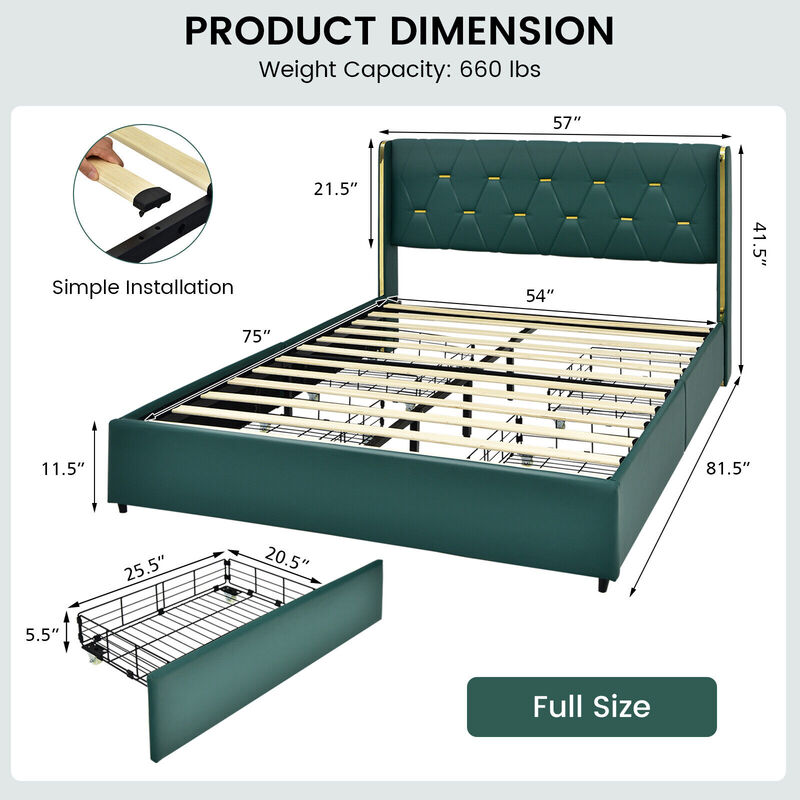 Full Size Upholstered Bed Frame with 4 Drawers-Green