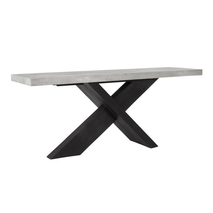Ren 72 Inch Console Table, Rectangular Top Cross Base, Gray, Black Concrete - Benzara