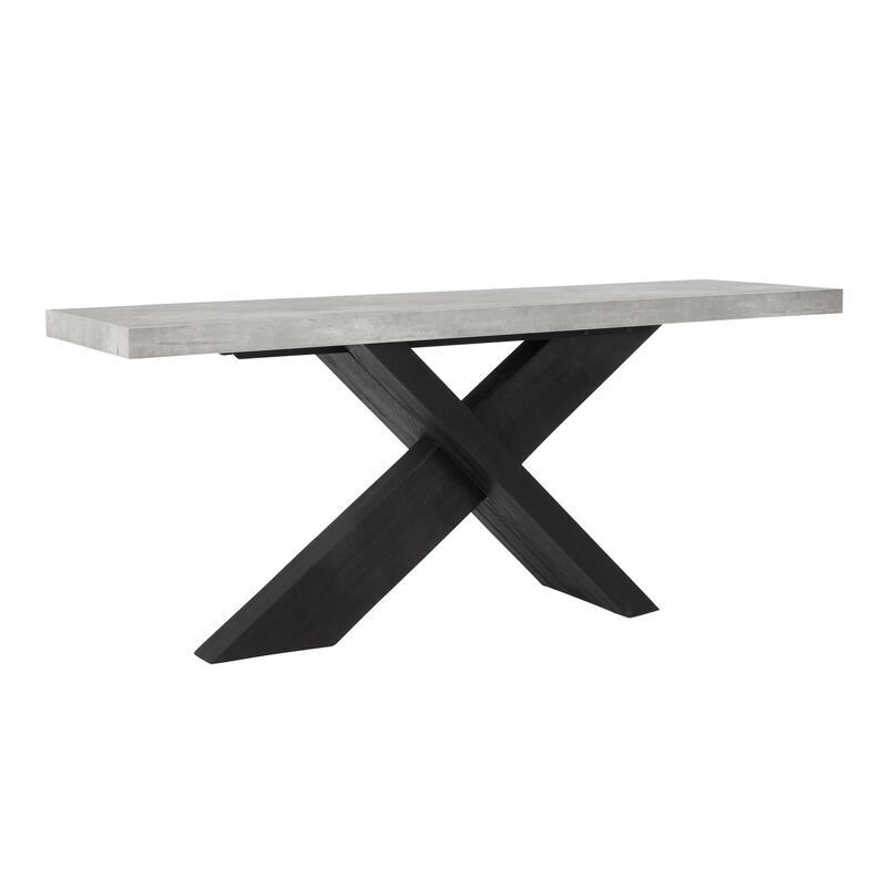 Ren 72 Inch Console Table, Rectangular Top Cross Base, Gray, Black Concrete - Benzara