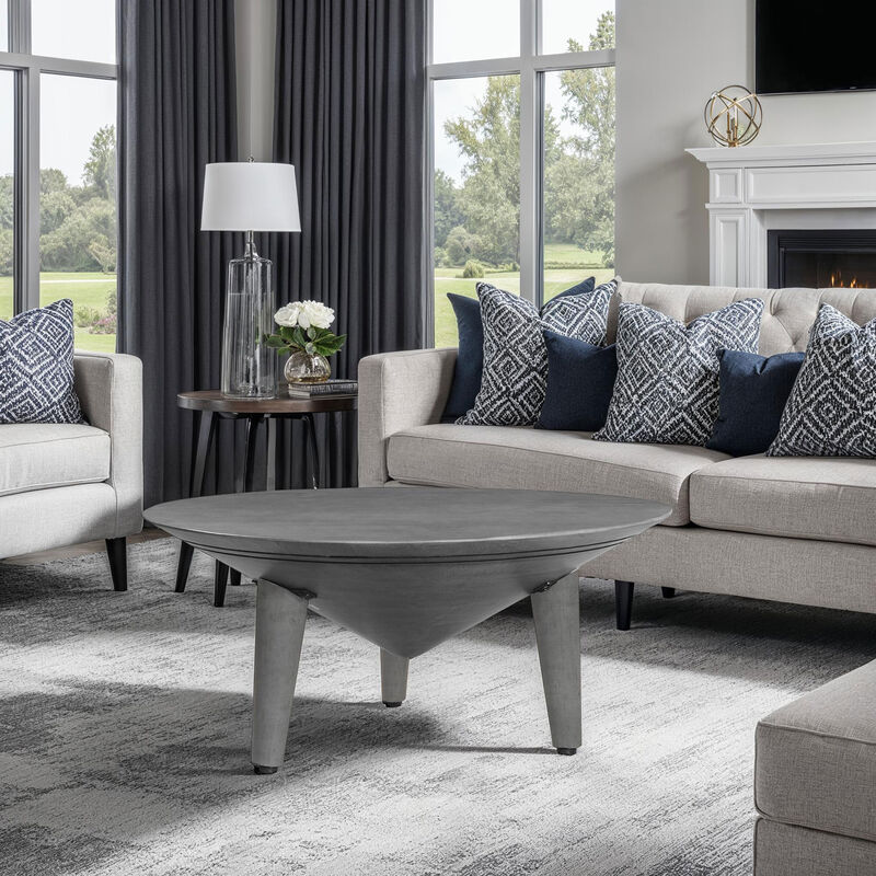 Venus Coffee Table, 28 Inch Bowl Top with 3 Tapered Splayed Legs, Antique Gray Mango Wood
