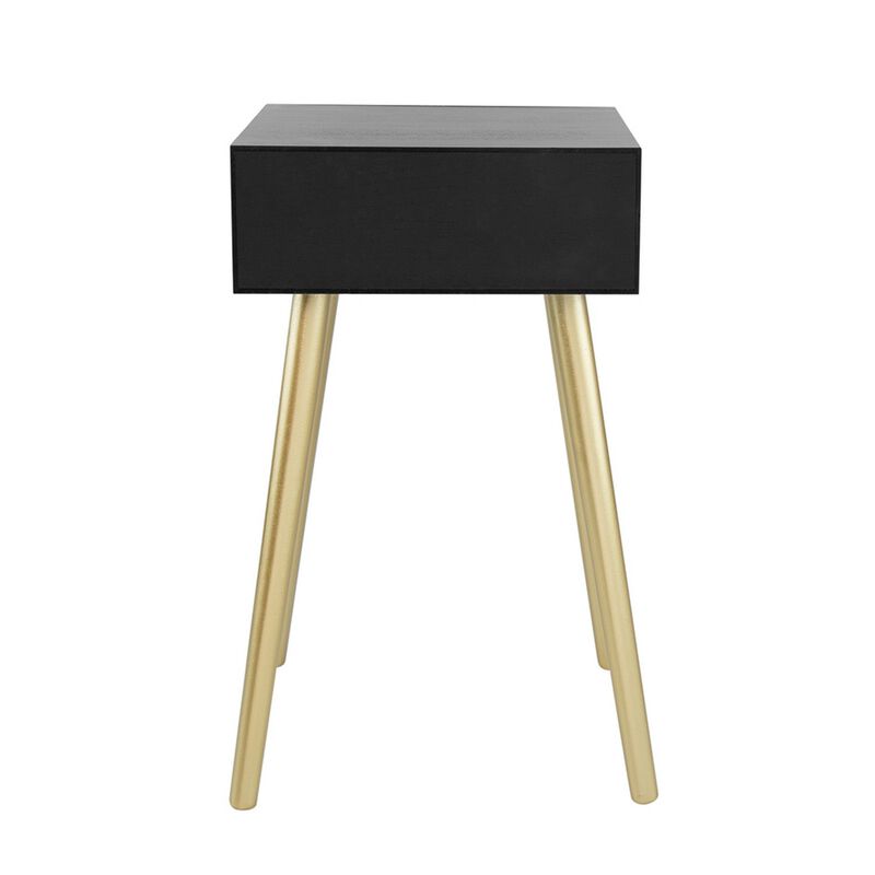 Gaia 28 Inch Pine Wood Side End Table, Gliding Rattan Drawer, Black, Gold-Benzara