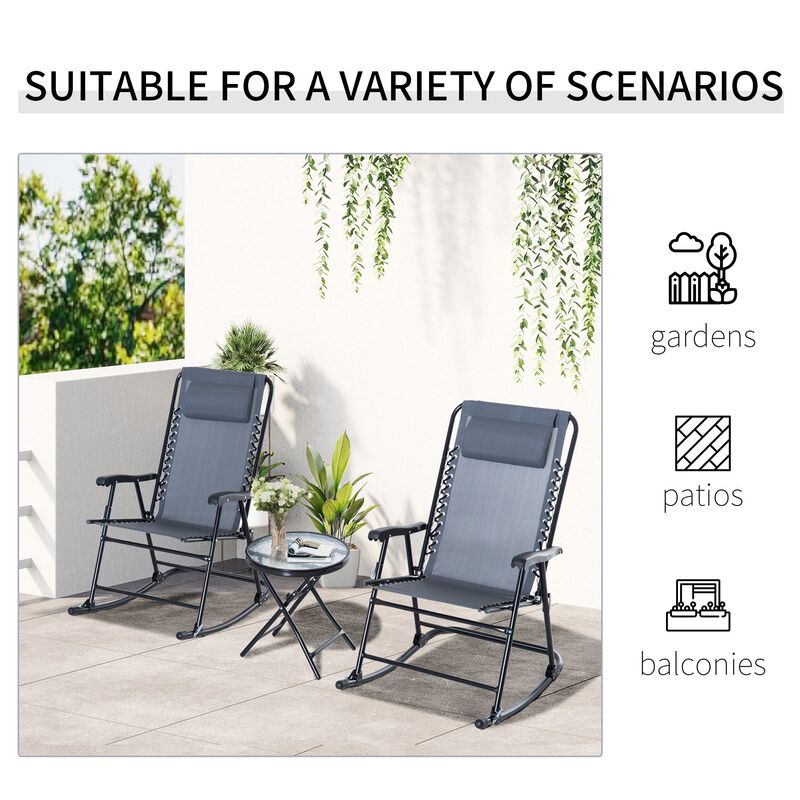 Grey Patio Chat Set: 3-Piece Folding Rocking Chairs with Glass Table