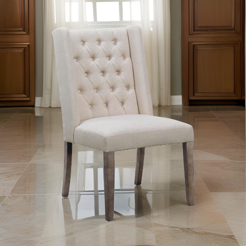 Neli 22 Inch Dining Chair, Set of 2, Wingback, Button Tufted, Beige Fabric-Benzara