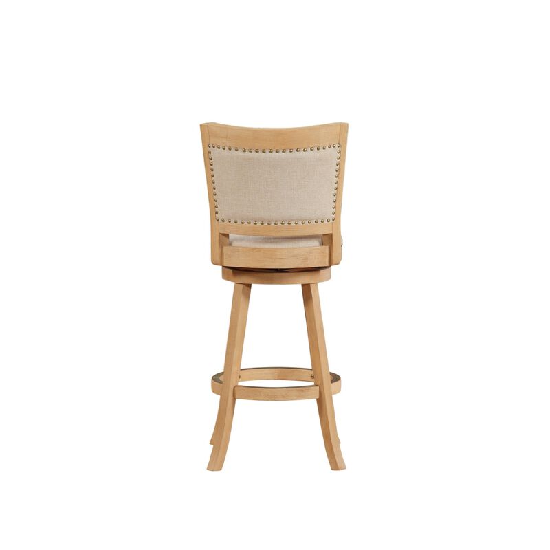 Kia 24 Inch Solid Wood Swivel Counter Stool, Curved Panel Back, Brass Nailheads, Ivory - Benzara