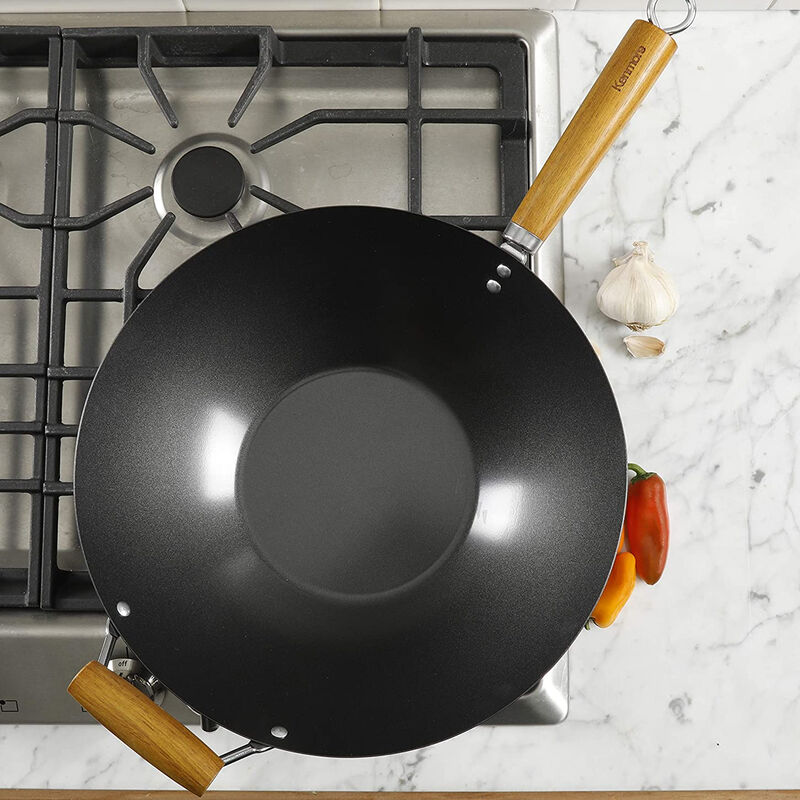 Kenmore Hammond 14 Inch Flat Bottom Carbon Steel Wok in Black with Wooden Handles