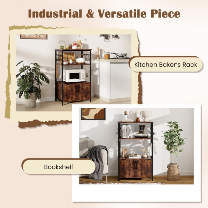 Hivvago 3-Tier Kitchen Bakerâ€™s Rack with Cabinet and 2 Open Shelves-Brown