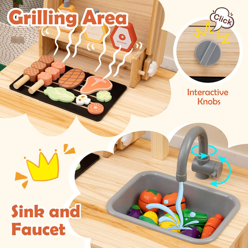 Wooden Barbecue Grill Playset with Chalkboard and Sink and Cabinet