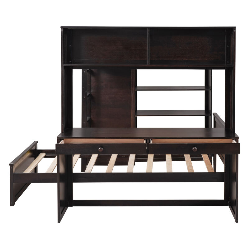 Full Size Loft Bed With A Twin Size Stand-Alone Bed, Shelves, Desk, And Wardrobe