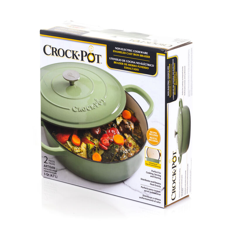 Crock Pot Artisan 5 Quart Round Enameled Cast Iron Braiser Pan with Self Basting Lid in Pistachio Green