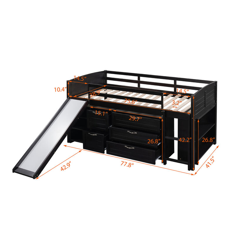 Low Twin Size Loft Bed With Cabinets, Shelves And Slide