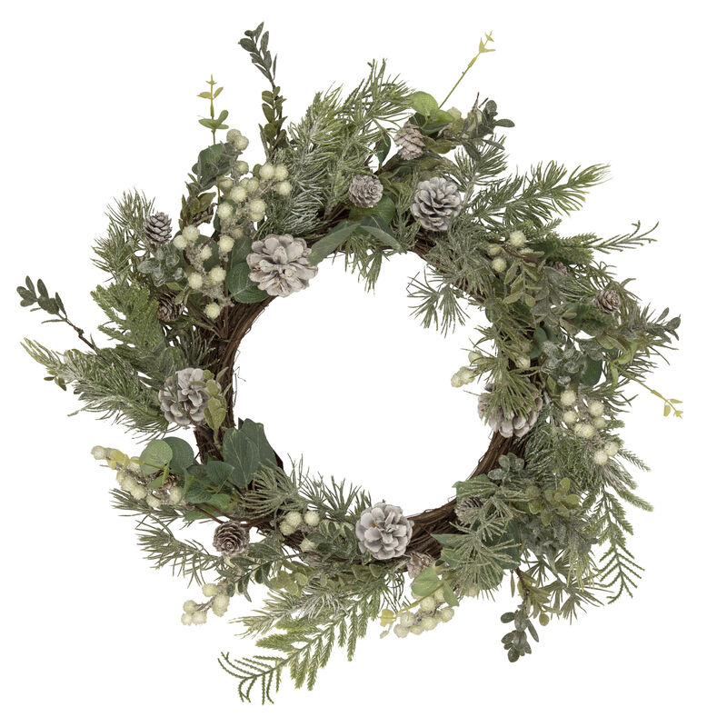 White Berry  Eucalyptus and Pinecone Christmas Wreath  20-Inch  Unlit