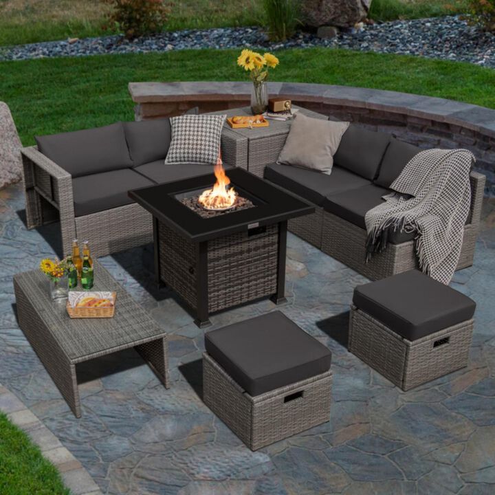 Hivvago 9 Pieces Outdoor Patio Furniture Set with 32-Inch Propane Fire Pit Table