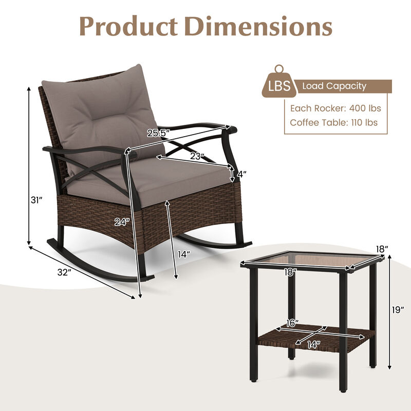 3-Piece Outdoor Rattan Rocking Chairs Set with 2-Tier Side Table for Garden and Backyard