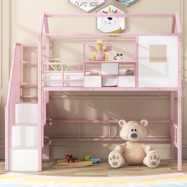 Merax Metal Loft Bed with Roof and A Storage Box