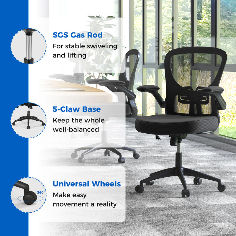 Adjustable Swivel Mesh Task Office Chair with Flip-Up Armrests-Black