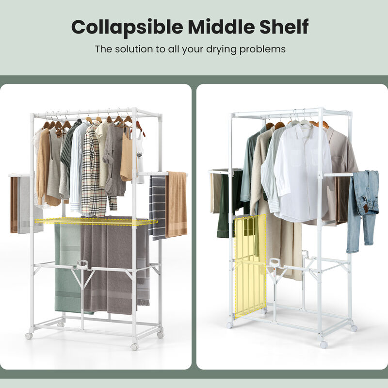 Foldable Aluminum Laundry Rack with Hanging Rods and Drying Shelves for Space-Saving Clothes Drying