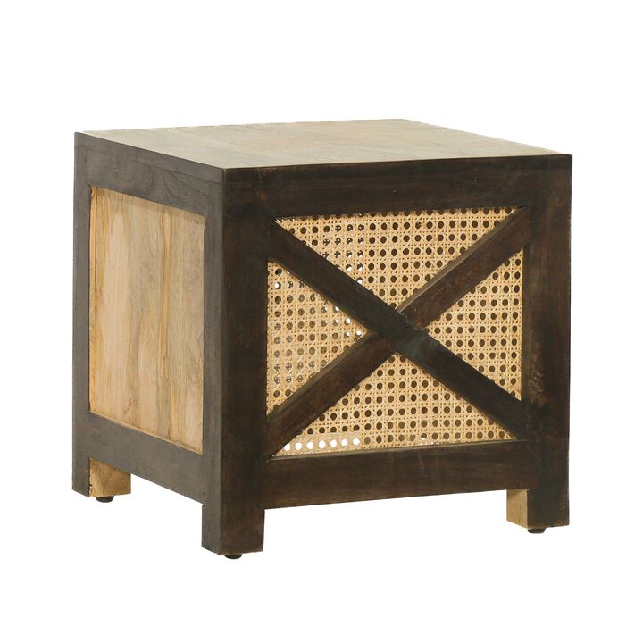 Accent Ottoman Table, 16 Inch Square, Boho Style, Cane Wicker - Benzara