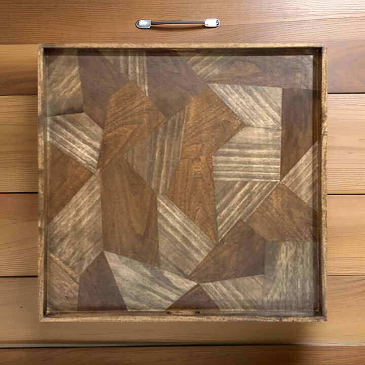 Hely Decorative Wood Tray, 27 Inch Square, Geometric Pattern, Brown Beige - Benzara