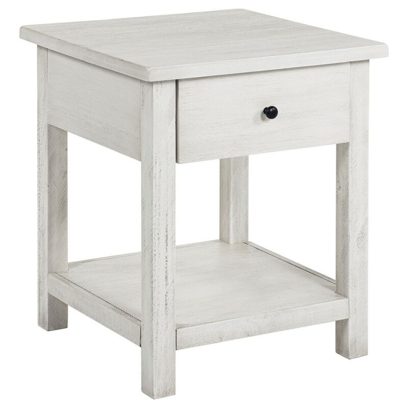 Ayne Side End Table, 1 Drawer, Distressed White Wood, Square 20 Inch - Benzara