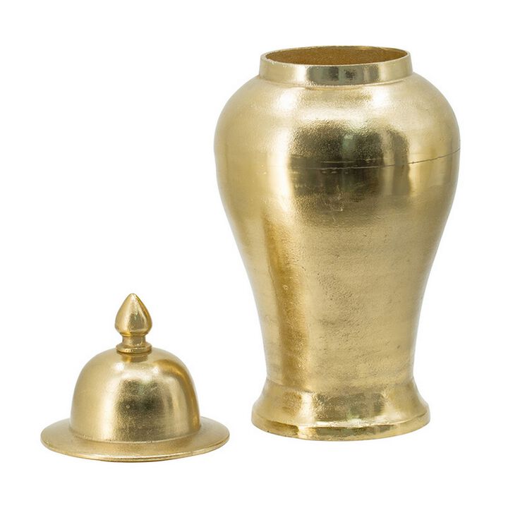 21 Inch Lidded Vase Urn, Finial Accent, Brilliant Gold Aluminum Finish - Benzara
