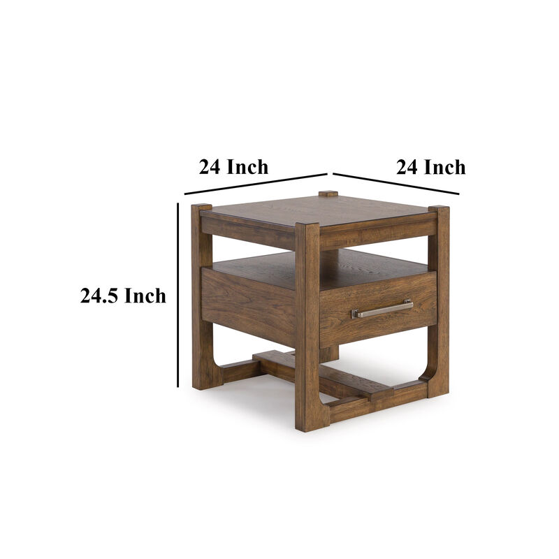 Cabal Square Side End Table, Drawer, Shelf, Light Brown Wood, 24 Inch - Benzara