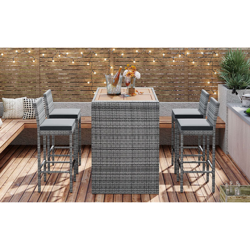 5-Pieces Outdoor Patio Wicker Bar Set, Bar Height Chairs With Non-Slip Feet And Fixed Rope