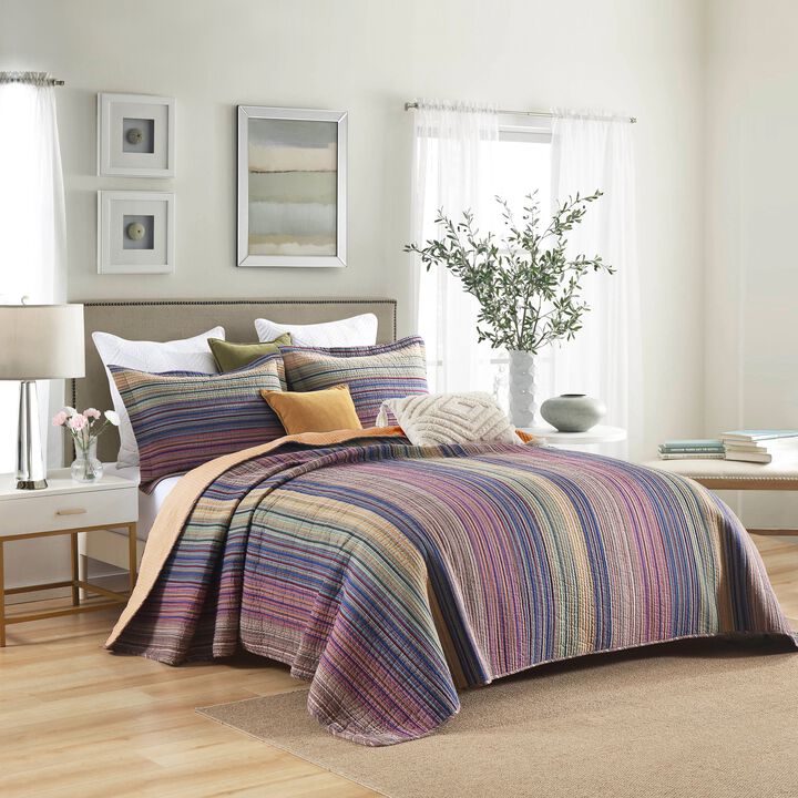 Marcielo 3Pcs 100% Cotton Quilt Bedspread Set Reversible Bedding Striped King