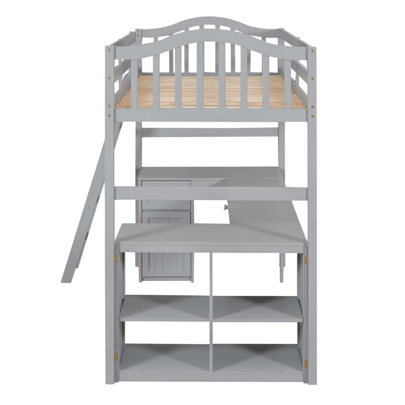 Twin Size Loft Bed With Drawers, Cabinet, Shelves And Desk, Wooden Loft Bed With Desk