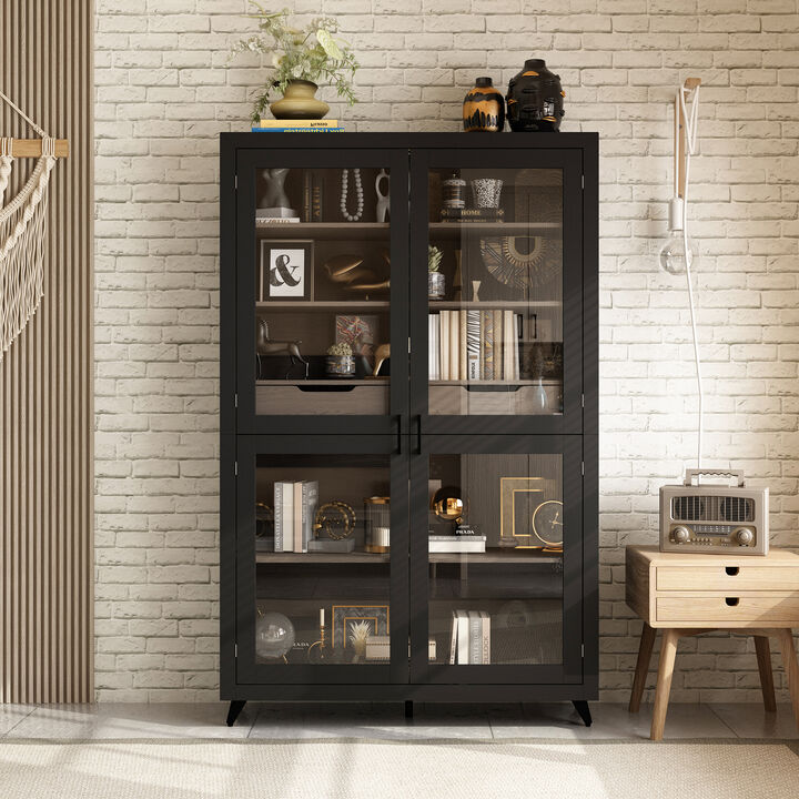 FUFU&GAGA Modern Glass Bookcase with Storage Drawers and Shelves, Tall Display Cabinet (47.2" W x 15.7" D x 74.8" H), Black