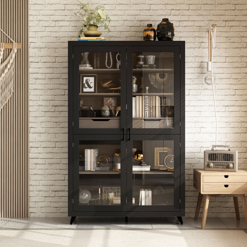FUFU&GAGA Modern Glass Bookcase with Storage Drawers and Shelves, Tall Display Cabinet (47.2" W x 15.7" D x 74.8" H), Black